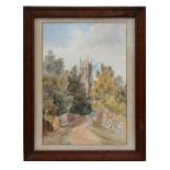 Late 19th / early 20th century school - Country Lane Scene with Church in the Background -