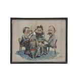 A political style caricature group depicting four men playing cards, indistinctly signed lower