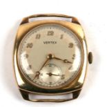A 9ct gold cased Vertex cushion cased wristwatch with Arabic numerals and subsidiary seconds.