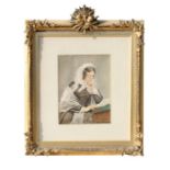 Victorian school - Portrait of an Elderly Lady Reading a Book - watercolour, glazed and in an ornate