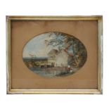 Victorian school - Figures Fishing by a Mill House - watercolour, framed & glazed, 29 by 21cms (11.5