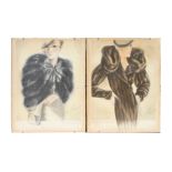 A pair of Harrods show cards depicting natural Canadian mink and silver fox cape, these show cards