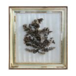 A 19th century hair work mourning wreath in the form of a spray of flowers, framed & glazed, overall