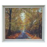 H M Dukens (modern British) - Tree Lined Road in Autumn - signed & dated '74 lower left, oil on