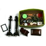 A Killarney yew wood cigar case,; together with a pair of cast candlesticks and other items.