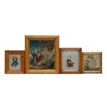 A group of 19th century woolwork pictures; together with a hand coloured engraving depicting Regency