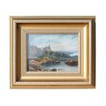 19th century school - Figures Fishing in a Loch - oil on canvas, framed & glazed, 20 by 15cms (8