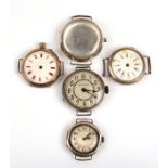 Four silver cased trench watches; together with a silver trench watch case (5).