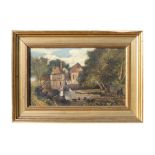 19th century school - Figure by a Mill House - oil on canvas, framed, 34 by 21cms (13.25 by 8.