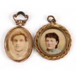 An Edwardian 9ct gold photo pendant; together with another similar.