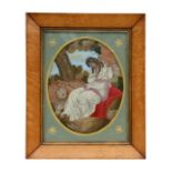 A 19th century oval woolwork picture depicting Una and the lion, mounted in a maple frame, 25 by