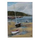 Sheila Bowman - Boats at Low Tide - initialled lower right, oil on board, unframed, 25 by 35cms (9.