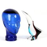 A Murano style art glass toucan, 28cms (11ins) high; together with a blue glass model of a head,