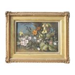 R Ramon - Flowers in a Woodland Scene with Central Snail - signed lower left, oil on panel,