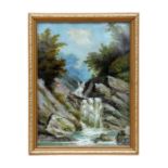 Victorian school - Rocky Waterfall Scene - oil on board, framed, 22 by 29cms (8.5 by 11.5ins).