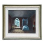 Deborah Jones - The Manor Bedroom - signed lower left, oil on board, gallery label and artist's