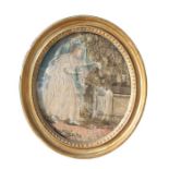 A 19th century oval silkwork picture depicting a young lady picking flowers, 24 by 28cms (9.5 by