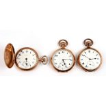 Two gold plated open faced pocket watches; together with a gold plated full hunter pocket watch (