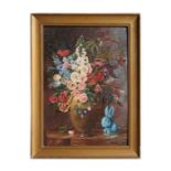 G Cattaway (mid 20th century British) - Still Life of Flowers in a Vase with a Sylvac Rabbit -