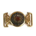 A 19th century two part silver, gilt and enamel belt buckle clasp to The Essex Regiment. Overall