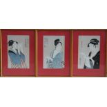 A set of six Japanese prints depicting ladies, framed & glazed, 18 by 28cms (7 by 11ins).