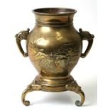 A late 19th century Japanese brass censer decorated in relief with cranes and turtles with