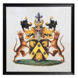 A large decorative painted heraldic crest, framed & glazed, 102 by 102cms (40 by 40ins).