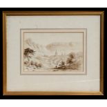 Attributed to A Monro (1802-1844) - Valley Scene with Town & Figures - sepia watercolour, framed &