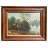 Victorian school - Figure on a Path by a Lake - oil on board, framed & glazed, 29 by 20cms (11.5