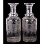 A pair of 19th century decanters with etched grape and vine decoration, Brandy and Mint, 27cms (10.