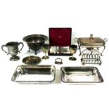 A quantity of silver plated items to include a James Dickson & Sons two-handled trophy, toast rack