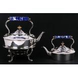 A Victorian silver plated kettle on stand with Willow pattern pottery handle; together with