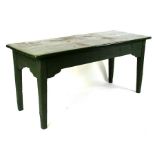 A 19th century green painted rectangular pine table on square tapering legs with pegged joints,