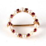 A 9ct gold pearl and ruby brooch.