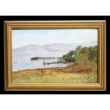 Modern British - Coastal Scene with a Pier - oil on board, framed, 25 by 16cms (9.75 by 6.25ins).