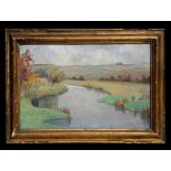 J M Campbell (Impressionist school river scene) - The Windrush Autumn - signed to verso, oil on
