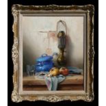 Robert Chailloux (French 1930-2006) - Still Life of an Oil Lamp, Cooking Pot, Apples & Walnuts -