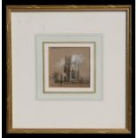 19th century English school - a miniature study of a cathedral with figures in the foreground,