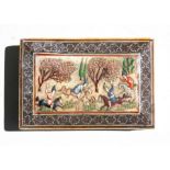 An Indian box, the top decorated with a hunting scene within a sadeli micro mosaic border, 13cm (