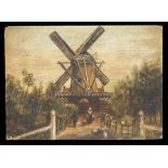 Continental school - Figures and a Windmill - oil on an oak panel, unframed, 22 by 16cms (8.75 by