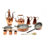 A Victorian copper kettle; together with a Middle Eastern copper coffee pot; a set of copper