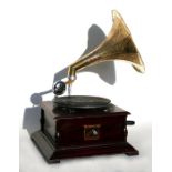 A reproduction His Master's Voice gramophone with brass horn.