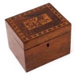 A 19th century Tunbridgeware box, the top inlaid with cornucopia, 13cms (5ins) wide.Condition Report