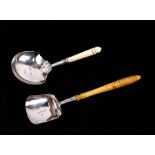 Two silver tea caddy spoons with turned ivory handles, Birmingham 1818 and 1862 (2).