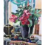 M W Jones - Still Life of Flowers in a Vase - signed and dated '88 lower right, oil on board, framed