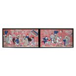 A pair of antique Chinese silk embroidered figural panels, the largest 79 by 38cms (31 by 15ins) (