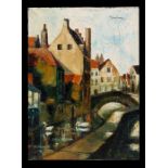 Rene Hansoul (Belgium 1910-1979) - Continental River Scene with Bridge and Buildings - signed and