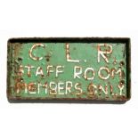 An early 20th century painted cast iron Central London Railway sign 'Staff Room Members Only'. 27 by