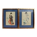 A pair of Japanese woodblock prints depicting Geisha girls, framed & glazed, 23 by 33cms (9 by