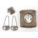 A silver cased Goliath pocket watch; together with a silver vesta case and two silver decanter